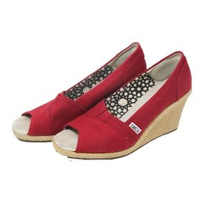 Toms Red Canvas Wedge Peep Toe Shoes, Size 7.5